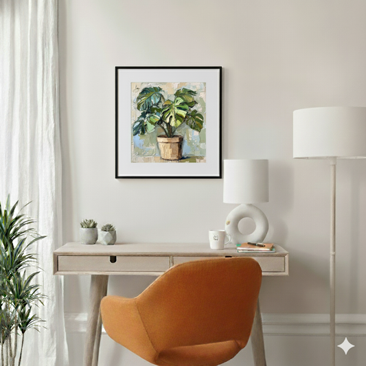 A neutral acrylic print of a green monstera in a brown pot with an abstract white cream and blue background, in a bright modern desk area