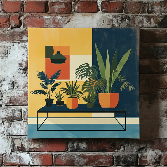 A retro canvas of a table topped with green tropical plants in pots in front of a yellow and blue wall, mounted on a red brick wall