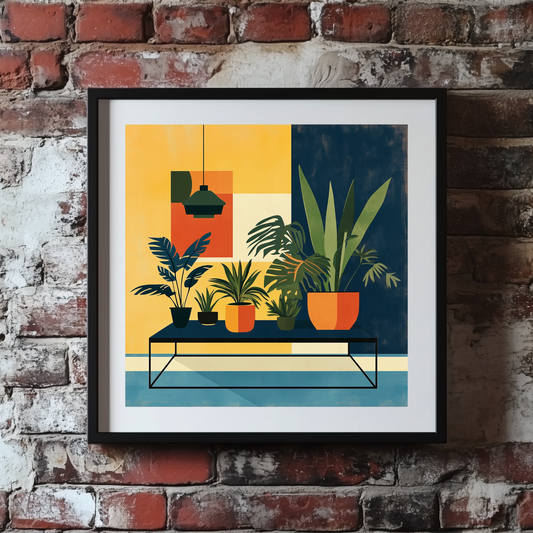 A retro print of a table topped with green tropical plants in pots in front of a yellow and blue wall, framed on a brick wall.