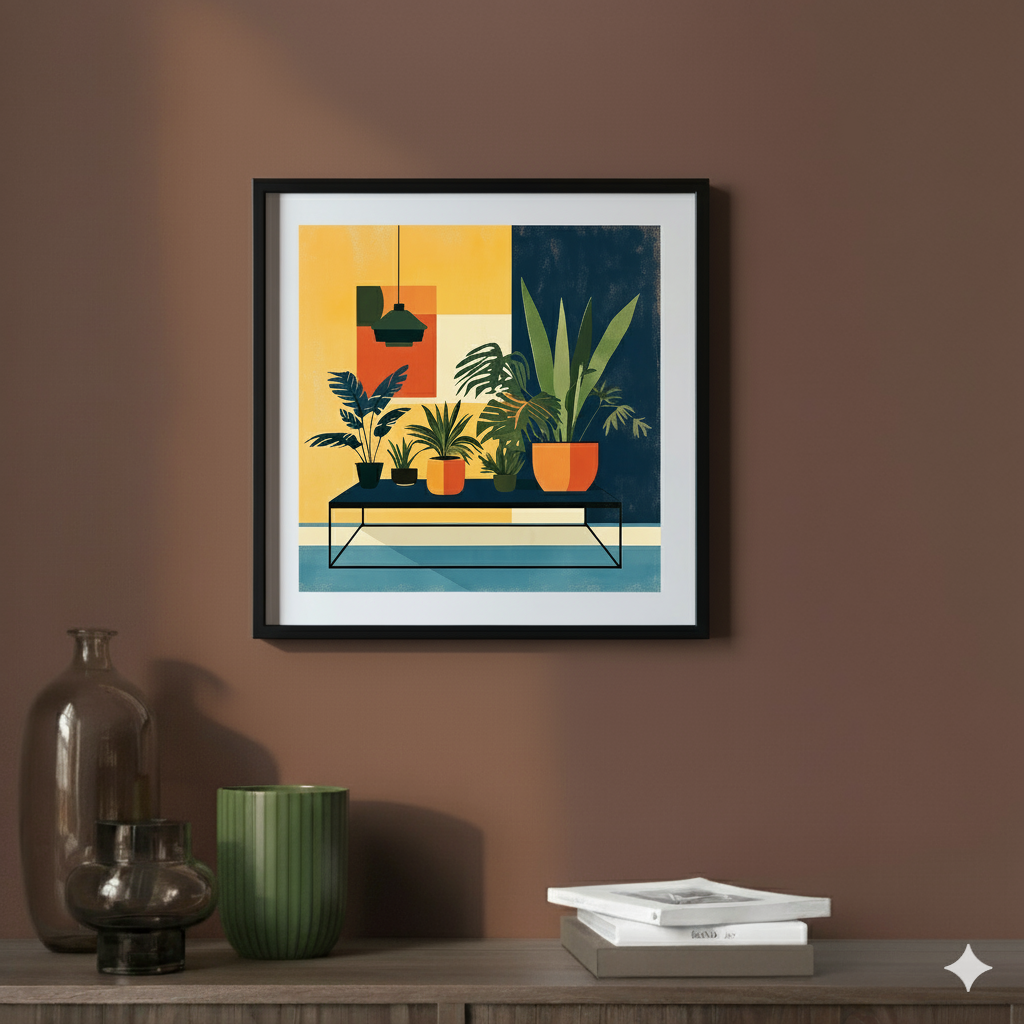 A retro print of a table topped with green tropical plants in pots in front of a yellow and blue wall, in a contemporary mauve room