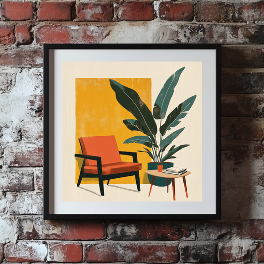 A minimalist print of a green houseplant next to a retro orange chair and table with a yellow square behind, framed on a brick wall. 