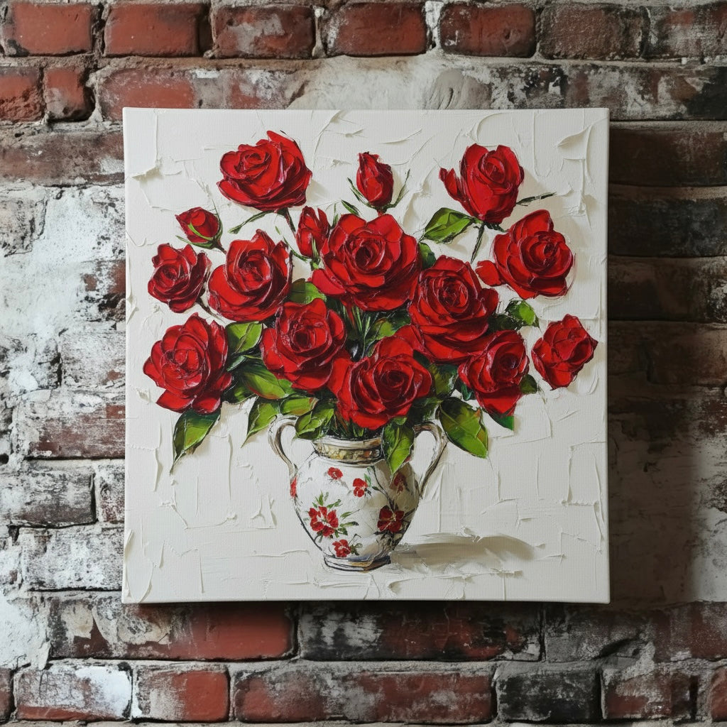 A vibrant acrylic canvas of bright red roses in a white decorative vase with a white broad stroke background, mounted on a red brick wall