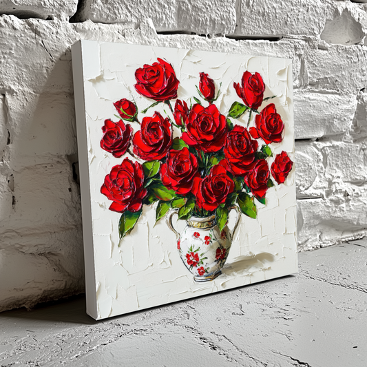 A vibrant acrylic canvas of bright red roses in a white decorative vase with a white broad stroke background, resting on a brick wall. 