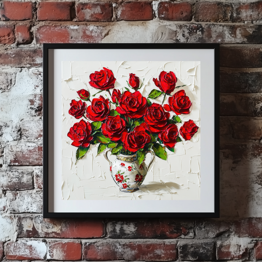 A vibrant acrylic print of bright red roses in a white decorative vase with a white broad stroke background, framed on a brick wall. 