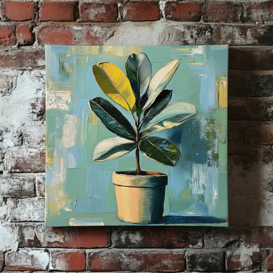 A bright acrylic canvas of a green and yellow rubber plant in a brown pot on a blue and teal background, mounted on a red brick wall