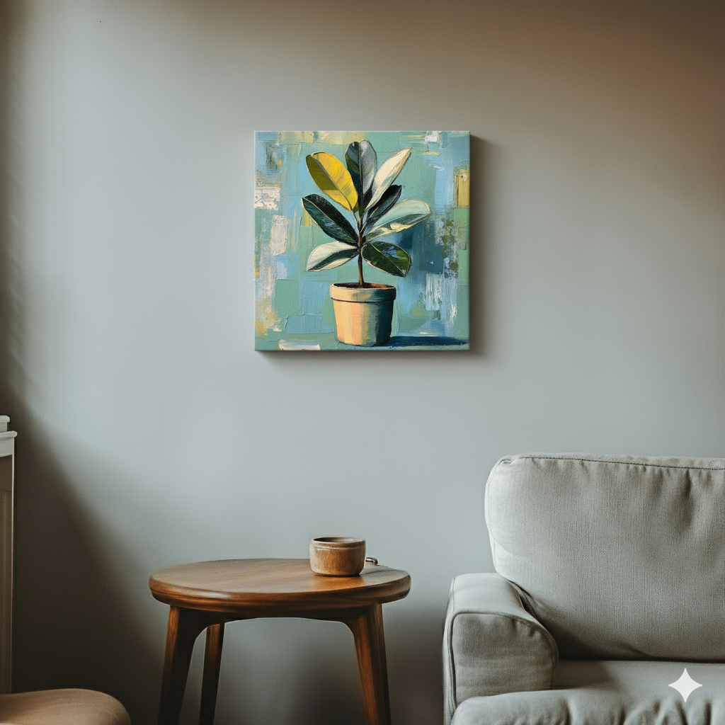 A bright acrylic canvas of a green and yellow rubber plant in a brown pot on a blue and teal background, in a cool retro living room