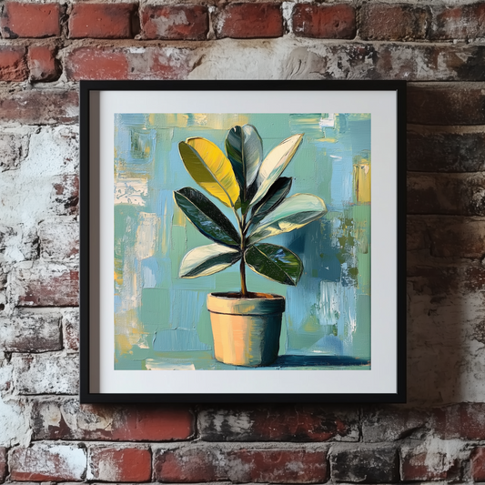 A bright acrylic print of a green and yellow rubber plant in a brown pot on a blue and teal background, framed on a brick wall. 