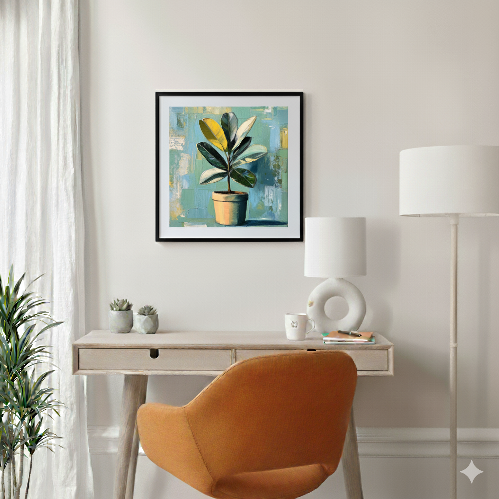 A bright acrylic print of a green and yellow rubber plant in a brown pot on a blue and teal background, in a bright modern desk area