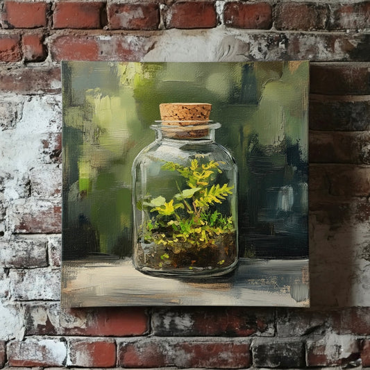An acrylic painted style canvas of a vibrant glass terrarium full of plants with an earthy background, mounted on a red brick wall