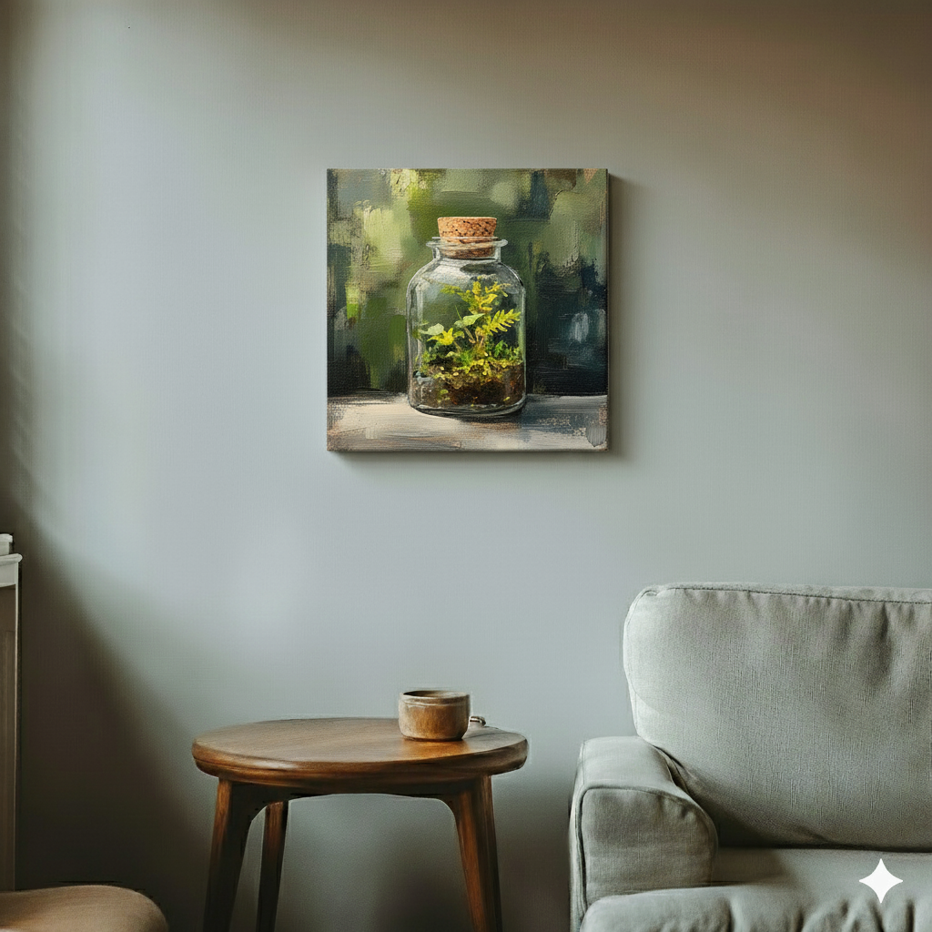 An acrylic painted style canvas of a vibrant glass terrarium full of plants with an earthy background, in a cool retro living room