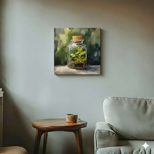 An acrylic painted style canvas of a vibrant glass terrarium full of plants with an earthy background, in a cool retro living room
