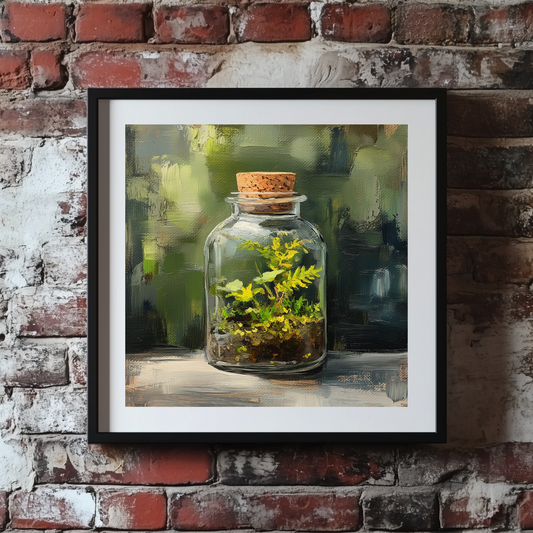 An acrylic painted style print of a vibrant glass terrarium full of plants with an earthy background, framed on a brick wall.
