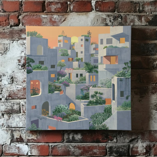 A cool and earthy canvas of a grey city full of green plants and a sunlit orange sky, mounted on a red brick wall