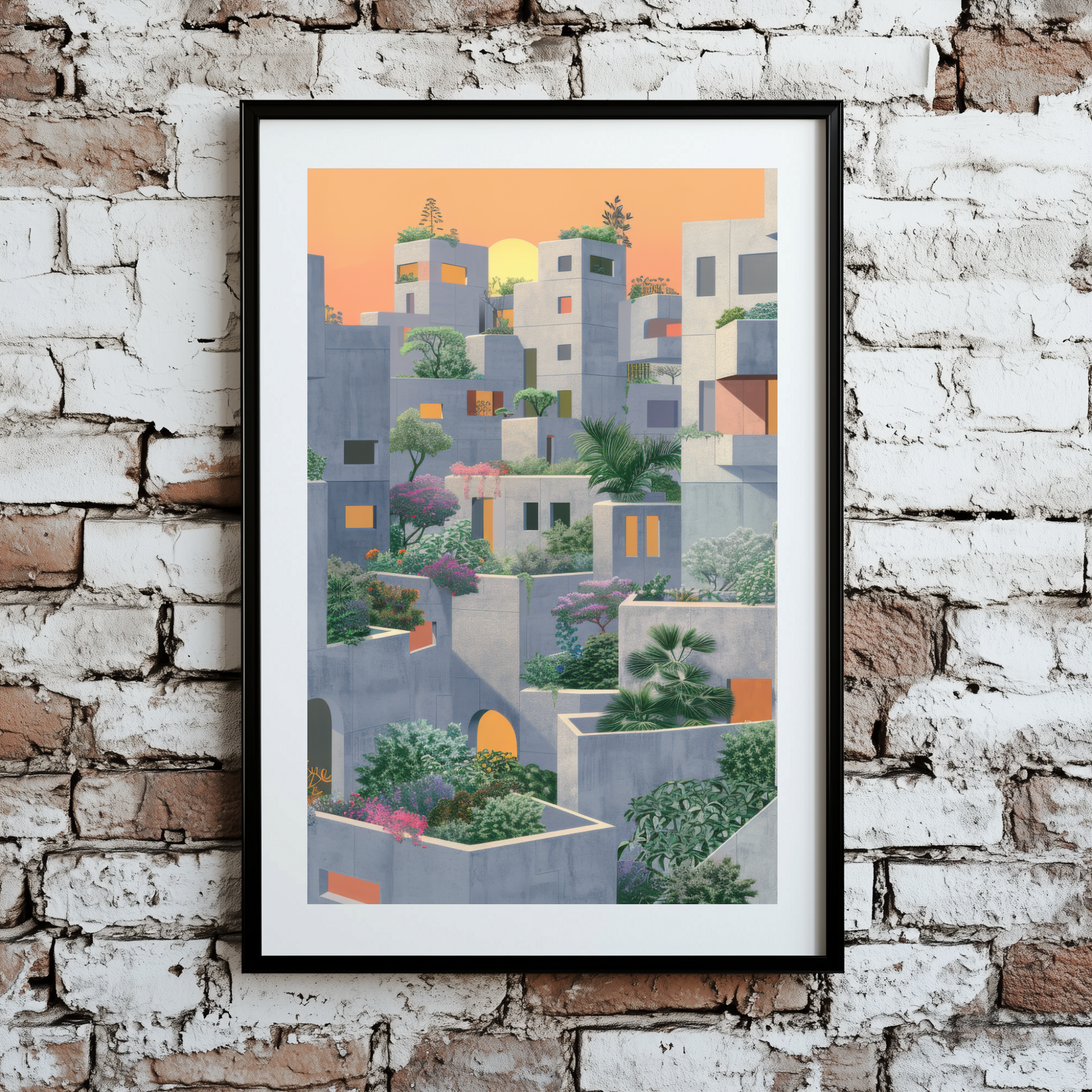 A cool and earthy print of a grey city full of green plants and a sunlit orange sky, framed on a brick wall.