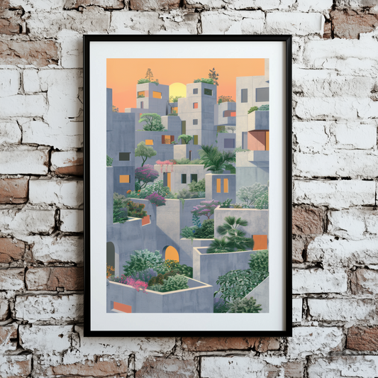 A cool and earthy print of a grey city full of green plants and a sunlit orange sky, framed on a brick wall.