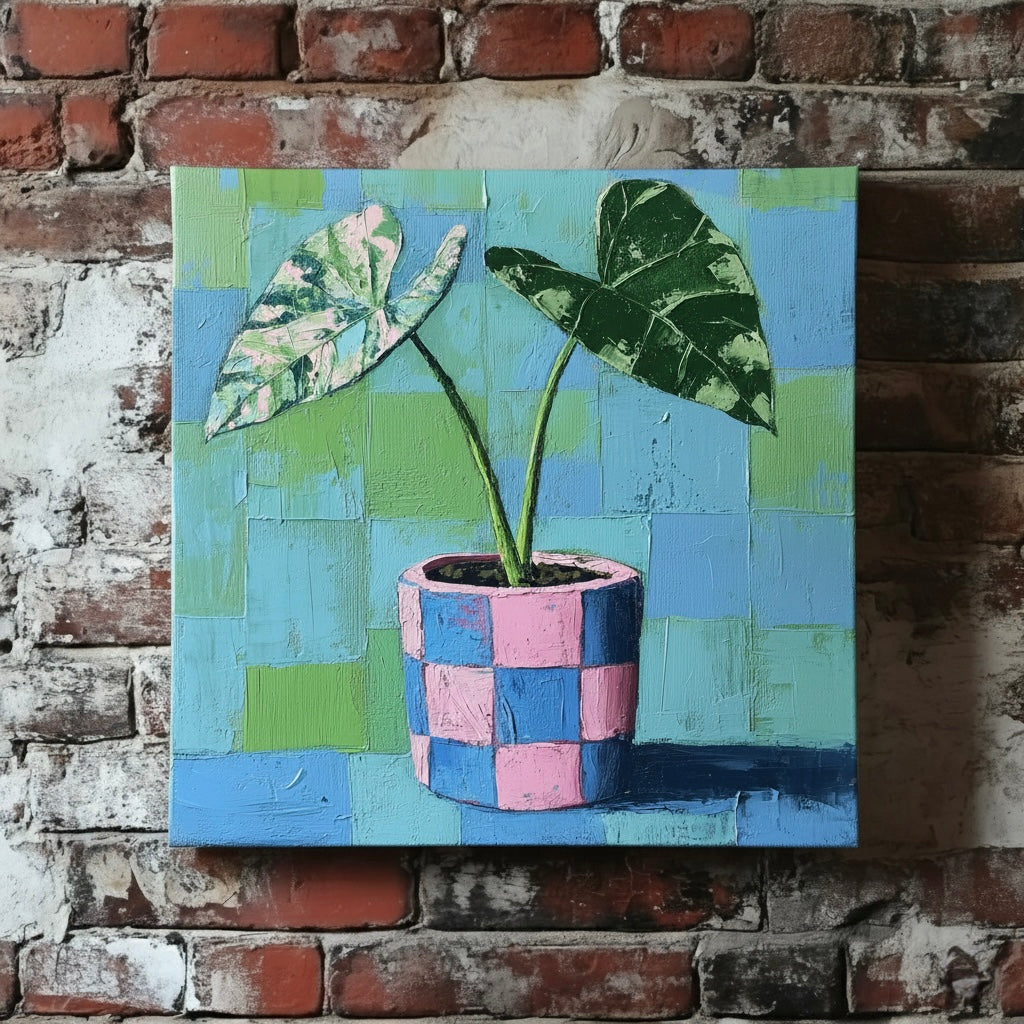 An acrylic painted style canvas of a variegated green alocasia in a blue and pink checked pot with a green and blue background, mounted on a red brick wall