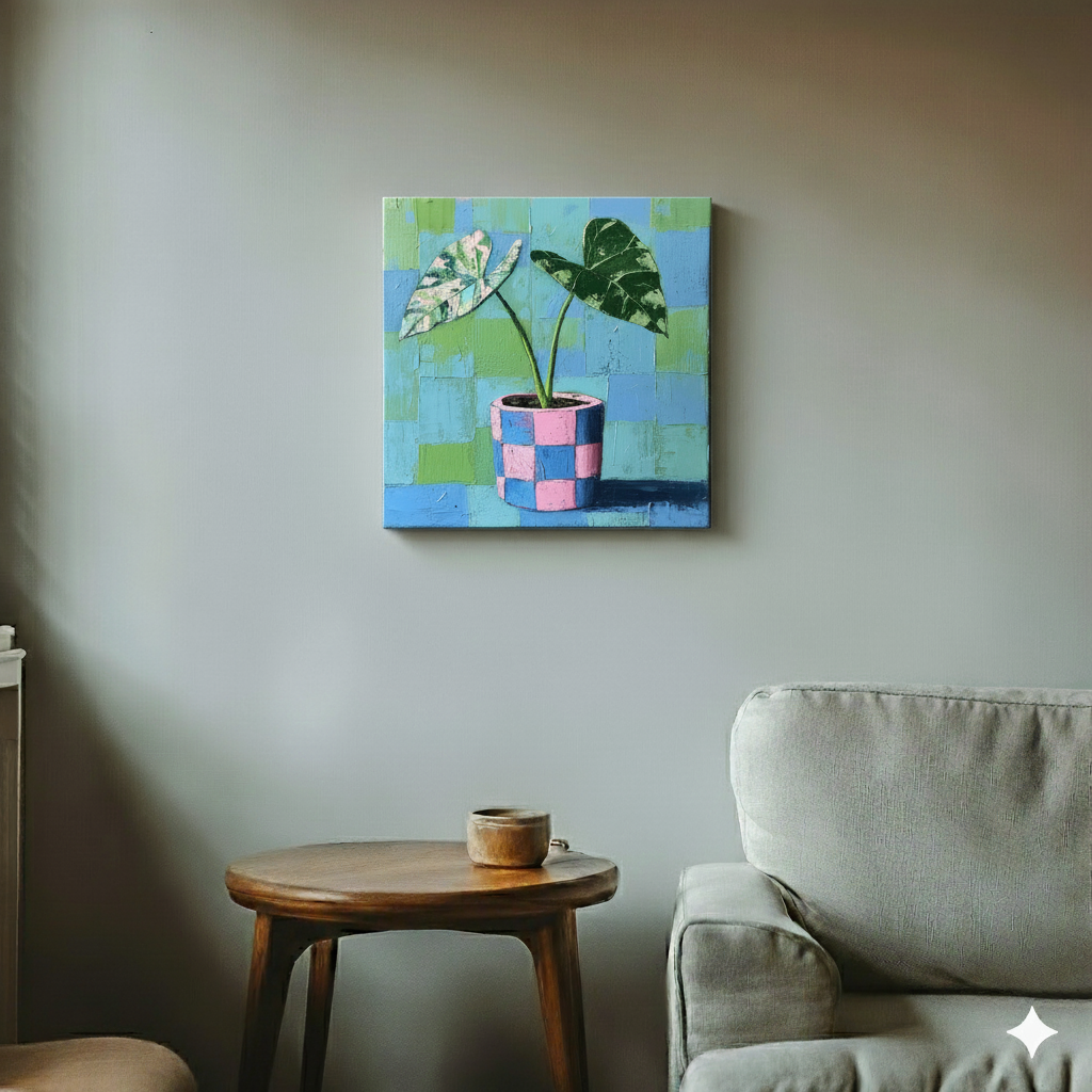 An acrylic painted style canvas of a variegated green alocasia in a blue and pink checked pot with a green and blue background, in a cool retro living room