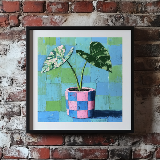 An acrylic painted style print of a variegated alocasia in a blue and pink checked pot with a green and blue background, framed  on a brick wall.