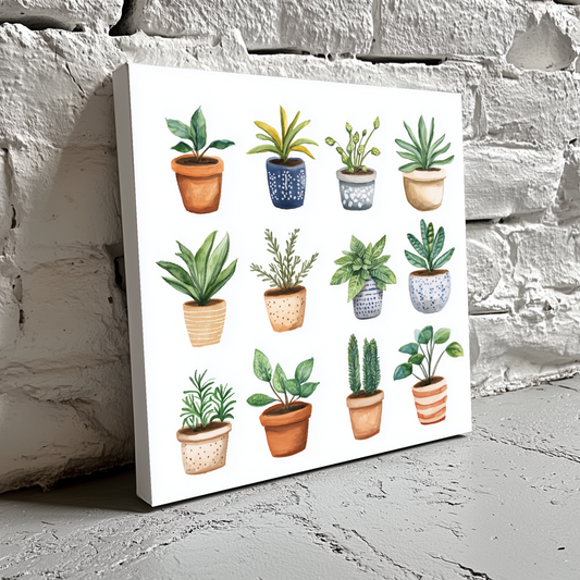 A cute and fun sketch canvas of twelve small green houseplants in red white and blue pots on a white background, resting on a brick wall.