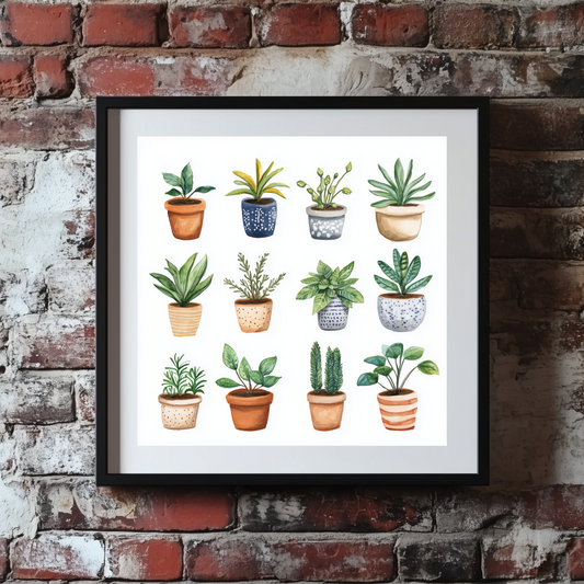 A cute and fun sketch print of twelve small green houseplants in red white and blue pots on a white background, mounted on a brick wall.