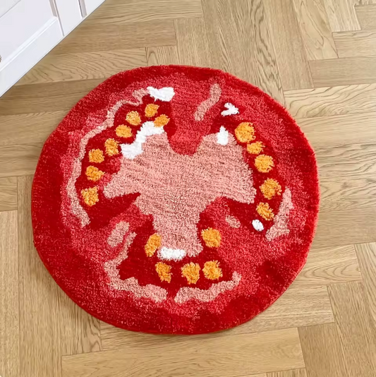 The Plantish Tomato Tufted Rug placed on a herringbone wooden floor, showing the red, yellow, white, and pink tomato slice design and plush material. 