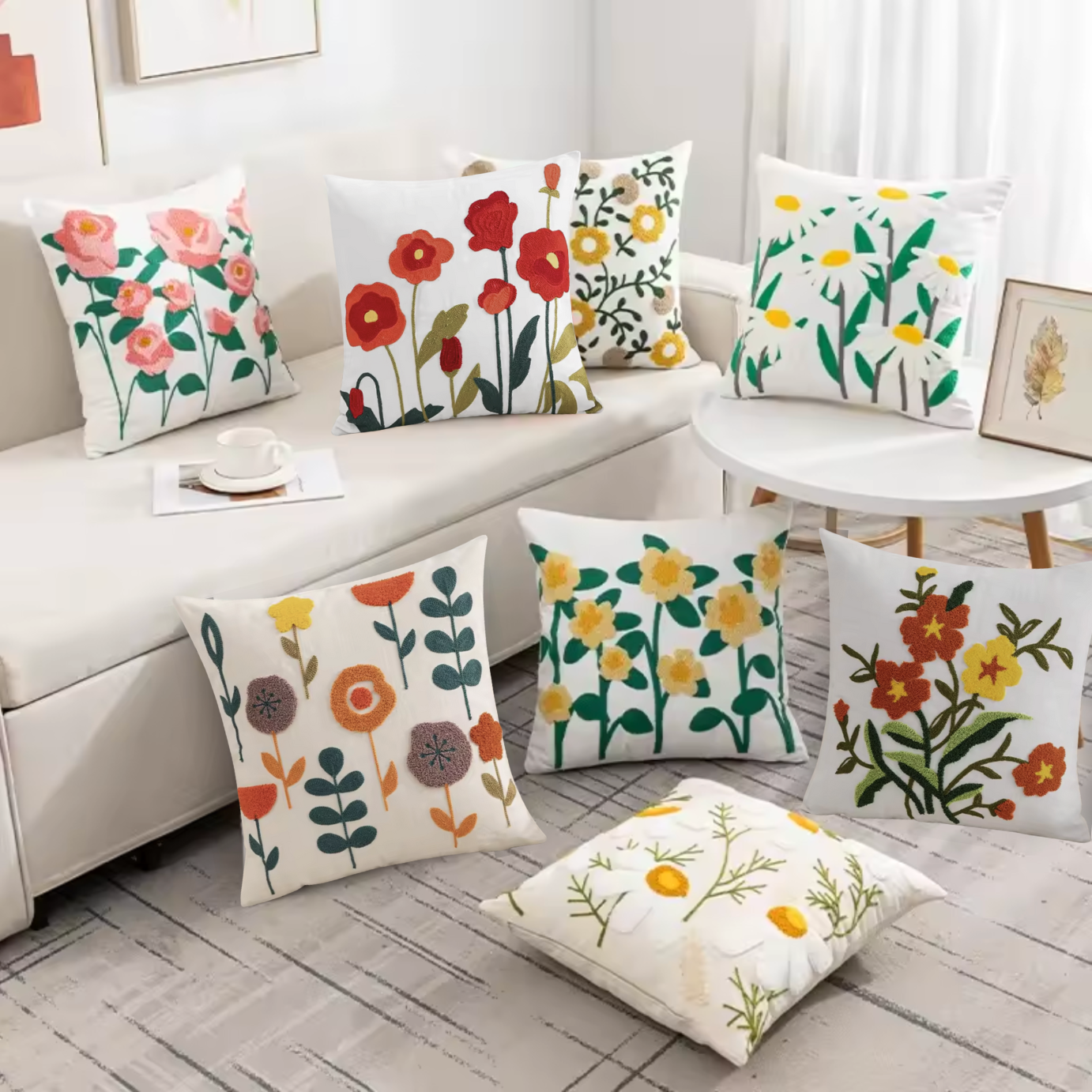 An image showing all 8 Plantish Tufted Scandinavian Cushion Covers in a bright living room. 4 of the cushions are on the floor, on a table, the rest on the sofa. 