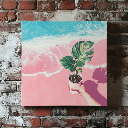 A surreal and vibrant canvas of a green monstera in held in a cup on a pink beach with blue water, leaning on a brick wall.