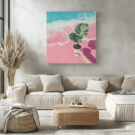 A surreal and vibrant canvas of a green monstera in held in a cup on a pink beach with blue water, leaning on a brick wall., in a bright neutral boho living room