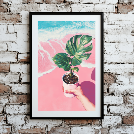 A surreal print of a green monstera in held in a cup on a pink beach with blue water, framed and mounted on a brick wall.
