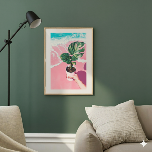 A surreal and vibrant print of a green monstera in held in a cup on a pink beach with blue water, leaning on a brick wall., in a contemporary sunlit living room