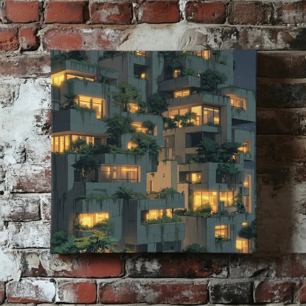 A moody canvas of a grey urban warmly lit apartments and green plants at night, mounted on a red brick wall