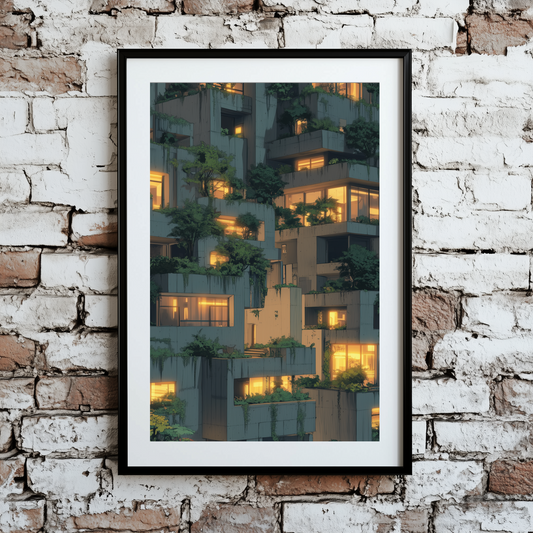 A moody print of a grey urban warmly lit apartments and green plants at night, framed on a brick wall.