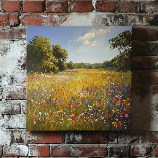A calming oil canvas of a vibrant meadow full of bright wildflowers, green trees and a light blue sky, mounted on a red brick wall