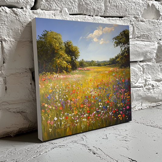 A calming oil canvas of a vibrant meadow full of bright wildflowers, green trees and a light blue sky, resting on a brick wall. 