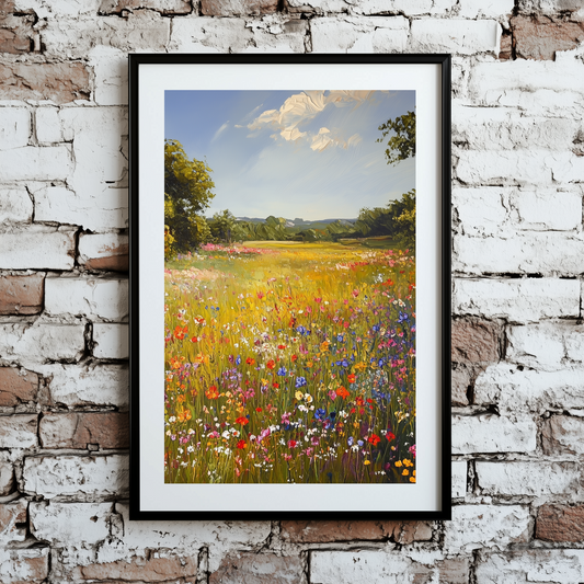 A calming oil print of a vibrant meadow full of bright wildflowers, green trees and a light blue sky, framed on a brick wall. 