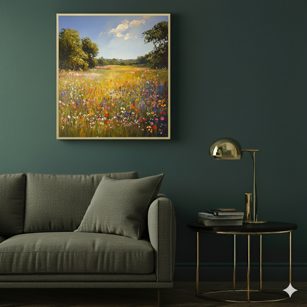 A calming oil print of a vibrant meadow full of bright wildflowers, green trees and a light blue sky, in a moody modern living room