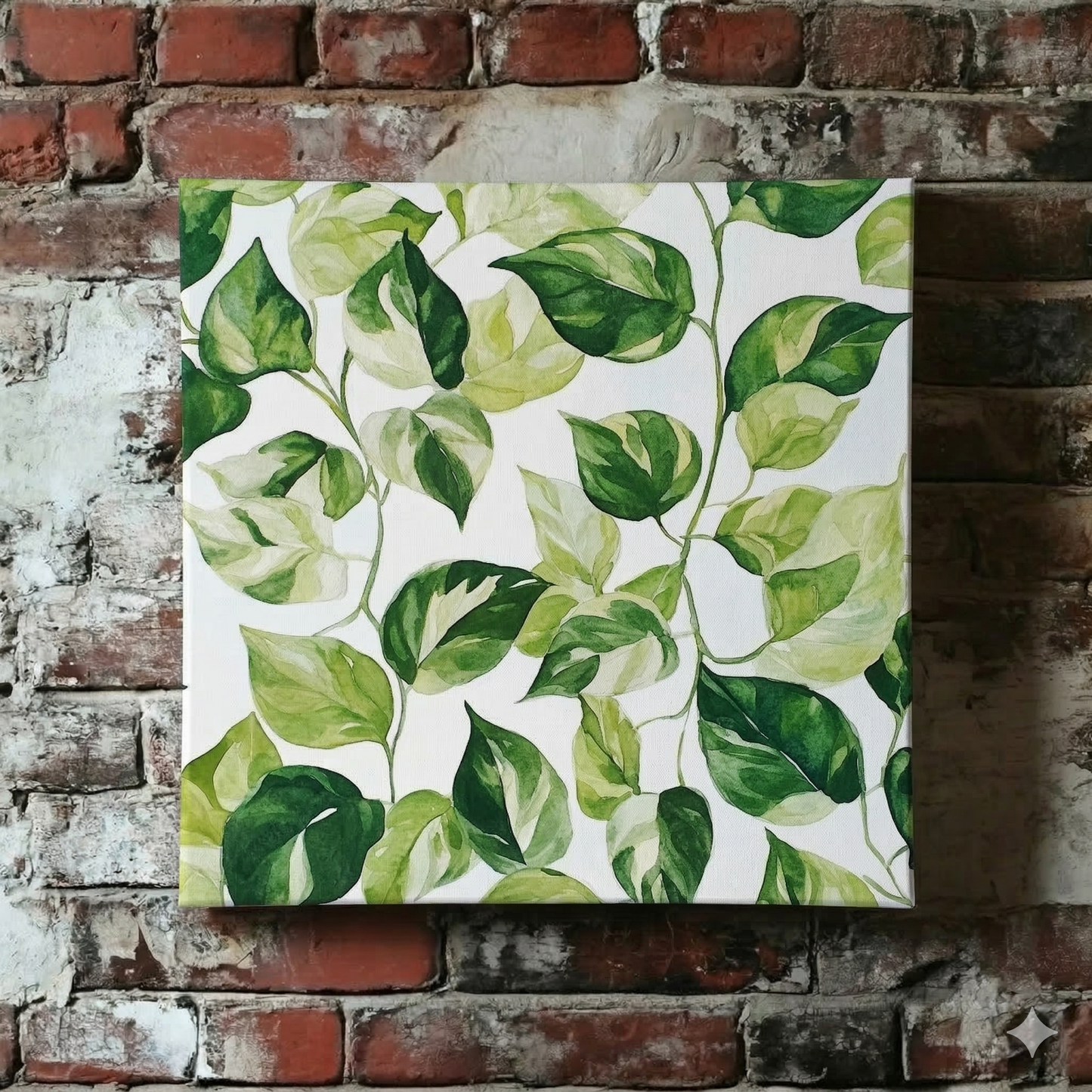 A neutral Plantish canvas of devils ivy leaves in a watercolour green against a white background, shown hanging on a distressed brick wall.