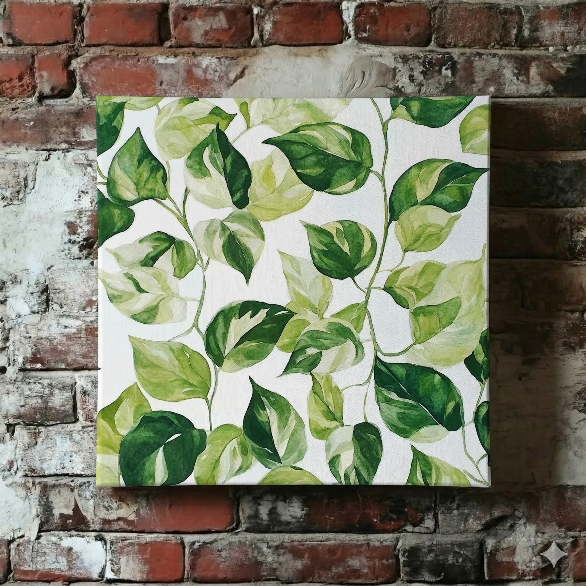 A neutral Plantish canvas of devils ivy leaves in a watercolour green against a white background, shown hanging on a distressed brick wall.