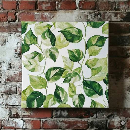 A neutral Plantish canvas of devils ivy leaves in a watercolour green against a white background, shown hanging on a distressed brick wall.