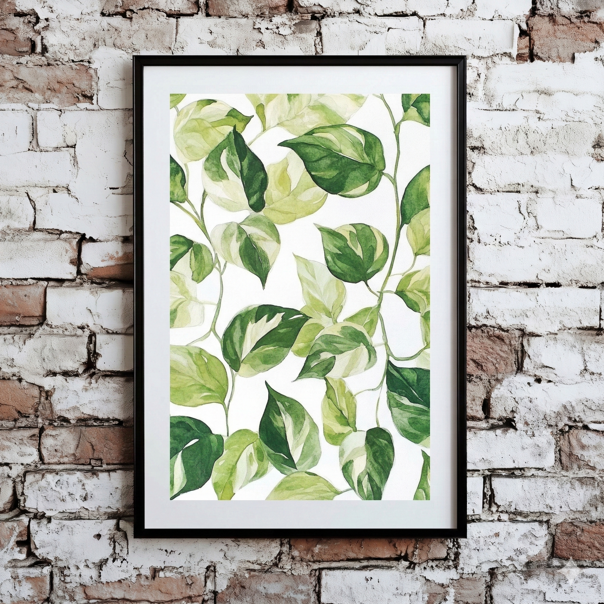 A neutral Plantish print of devils ivy leaves in a watercolour green against a white background, shown hanging on a distressed brick wall.