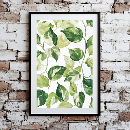 A neutral Plantish print of devils ivy leaves in a watercolour green against a white background, shown hanging on a distressed brick wall.