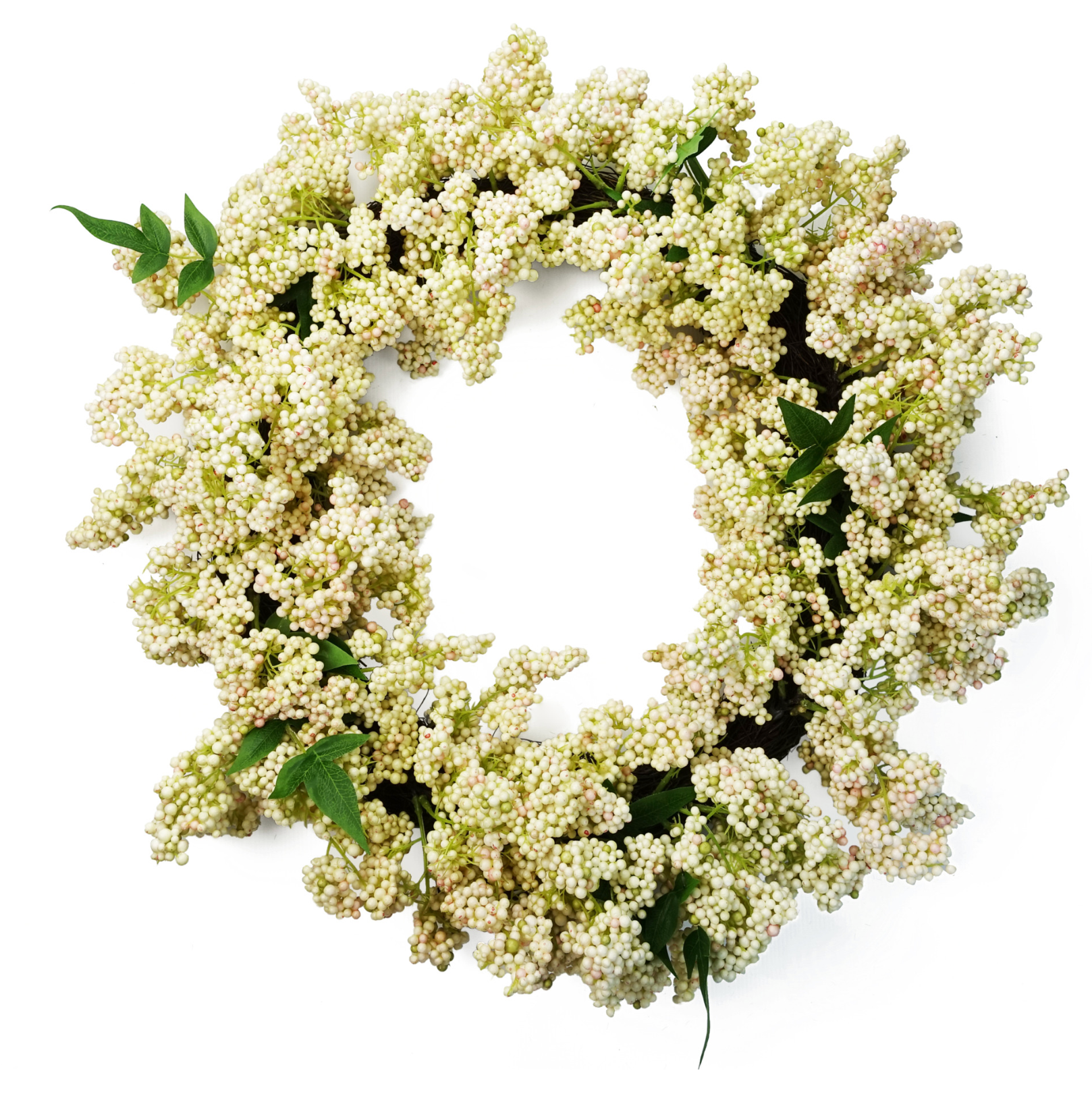 The Plantish 55cm White Berry Wreath shown front-on, highlighting the white berries and green leaves. 