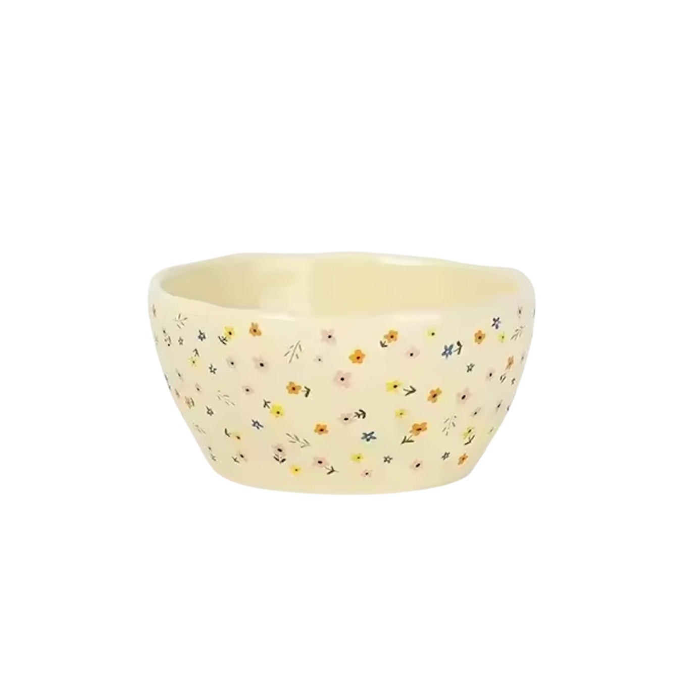 An image of the small Plantish Wildflower Bowl, highlighting the irregular shape and little multicolour flower design. The bowl is on a white background.