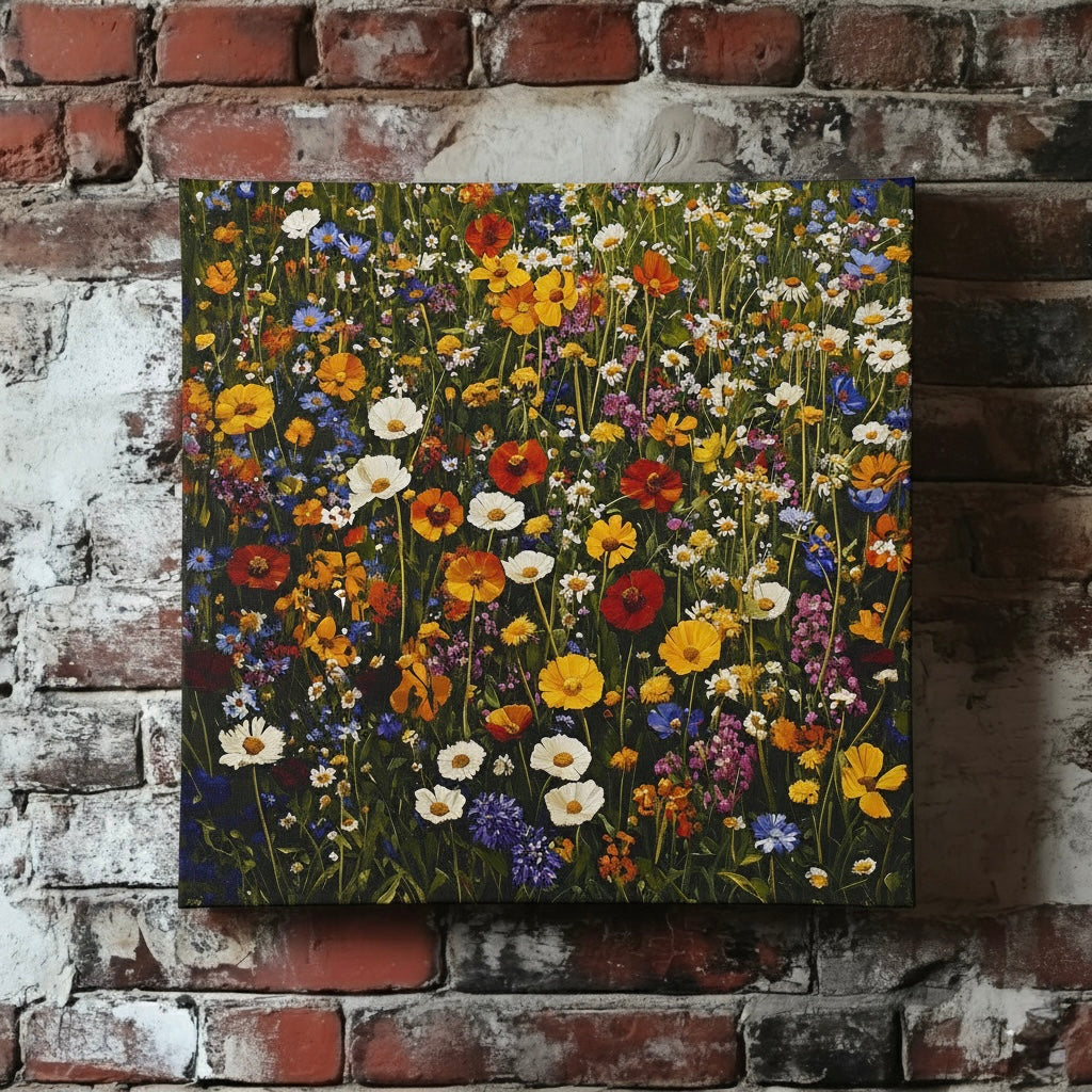 A vivid oil canvas of bright wildflowers in red yellow white blue orange and purple with deep green stems, mounted on a red brick wall