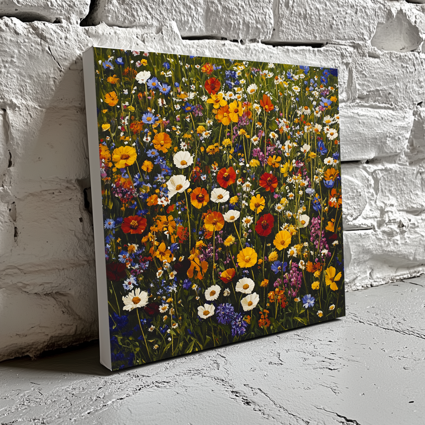 A vivid oil canvas of bright wildflowers in red yellow white blue orange and purple with deep green stems, resting on a brick wall. 
