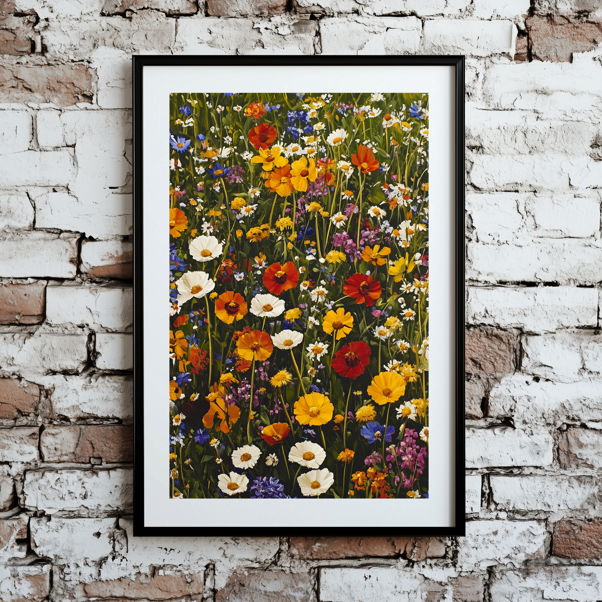 A vivid oil print of bright wildflowers in red yellow white blue orange and purple with deep green stems, framed on a brick wall. 