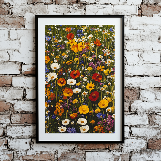 A vivid oil print of bright wildflowers in red yellow white blue orange and purple with deep green stems, framed on a brick wall. 