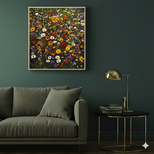 A vivid oil print of bright wildflowers in red yellow white blue orange and purple with deep green stems, in a moody modern living room