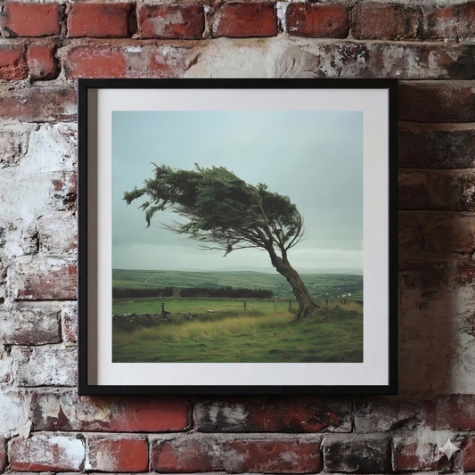A Plantish print of a surreal but photorealistic tree being hit by strong winds standing in rolling green countryside, shown hanging on a red brick wall.