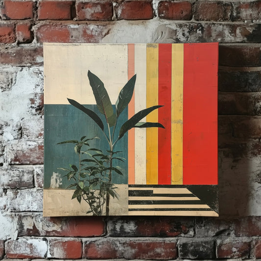 A vintage canvas of green plants in front of a faded but vibrant striped background full of red yellow and black lines, mounted on a red brick wall